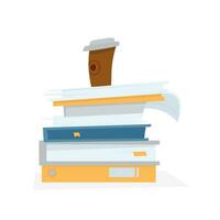 Vector Cartoon Illustration Of Stack Of Documents, Papers And Files With Coffee Cup On It. Isolated On White.