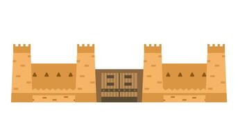 Arabian castle wall with gates and towers. Middle east architecture element. Ancient gates. Flat vector illustration isolated on white.