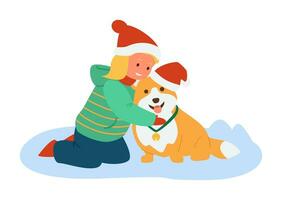 linda rubio niña abrazando corgi perro en Papa Noel sombrero al aire libre en invierno. plano vector ilustración.