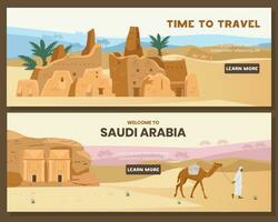Bienvenido a saudi arabia vector horizontal pancartas con antiguo tumbas y edificios, y Desierto paisaje a el antecedentes.