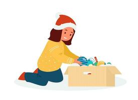 linda niña en Papa Noel sombrero sentado en rodillas tomando fuera Navidad pelota desde el caja con juguetes plano vector ilustración. aislado en blanco.