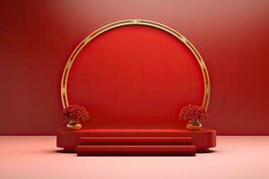 Generative AI, Red podium with lantern chinese new year and gift box product stand podium background pedestal 3d photo