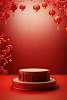 Generative AI, Red podium with lantern chinese new year and gift box product stand podium background pedestal 3d photo