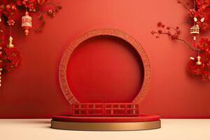 Generative AI, Red podium with lantern chinese new year and gift box product stand podium background pedestal 3d photo