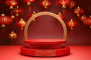 Generative AI, Red podium with lantern chinese new year and gift box product stand podium background pedestal 3d photo