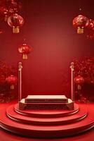 Generative AI, Red podium with lantern chinese new year and gift box product stand podium background pedestal 3d photo