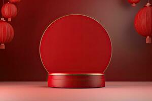 Generative AI, Red podium with lantern chinese new year and gift box product stand podium background pedestal 3d photo