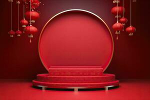 generativo ai, rojo podio con linterna chino nuevo año y regalo caja producto estar podio antecedentes pedestal 3d foto