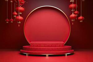 Generative AI, Red podium with lantern chinese new year and gift box product stand podium background pedestal 3d photo