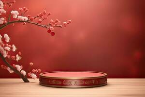 Generative AI, Red podium with lantern chinese new year and gift box product stand podium background pedestal 3d photo