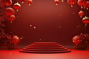 Generative AI, Red podium with lantern chinese new year and gift box product stand podium background pedestal 3d photo