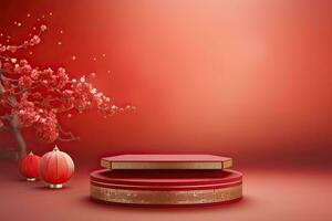 Generative AI, Red podium with lantern chinese new year and gift box product stand podium background pedestal 3d photo