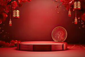 Generative AI, Red podium with lantern chinese new year and gift box product stand podium background pedestal 3d photo