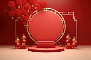 Generative AI, Red podium with lantern chinese new year and gift box product stand podium background pedestal 3d photo