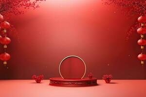 Generative AI, Red podium with lantern chinese new year and gift box product stand podium background pedestal 3d photo