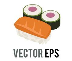 vector Japanese sushi food icon, raw orange fish, salmon, tuna rolls