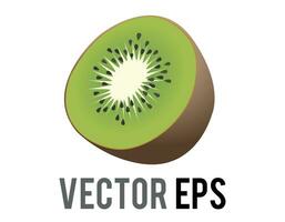 Vector kiwi fruit icon with fuzzy, brown skin, green flesh, white core, black seeds