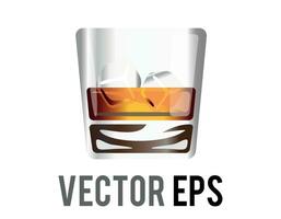Vector short flat tumbler glass of brown liquor Scotch whisky icon with ice cube