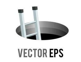 Vector round black cartoon styled hole, manhole icon with silver metal stairs