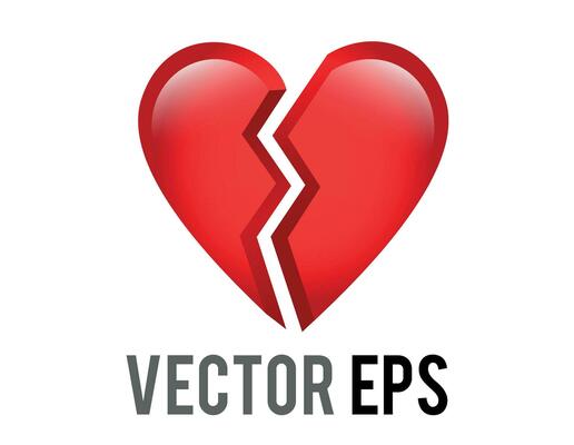 Vector red love heart broken in two icon, breaking heart, brokenhearted