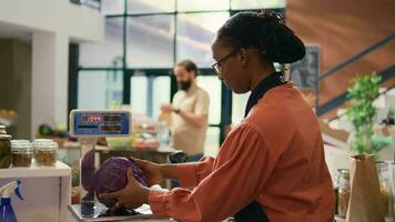 Woman vendor using scale at register to weight lettuce and put prices on all freshly harvested organic produce. African american merchant weighting natural chemicals free products in shop. video