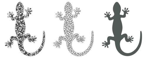 Beautiful monochrome mosaic lizard silhouette set isolated on white background,. Vector illustration