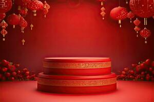 Generative AI, Red podium with lantern chinese new year and gift box product stand podium background pedestal 3d photo