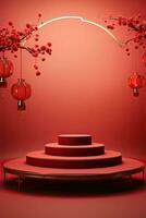 Generative AI, Red podium with lantern chinese new year and gift box product stand podium background pedestal 3d photo