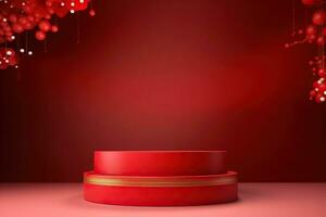 Generative AI, Red podium with lantern chinese new year and gift box product stand podium background pedestal 3d photo