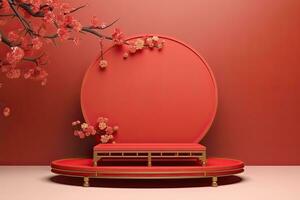 Generative AI, Red podium with lantern chinese new year and gift box product stand podium background pedestal 3d photo