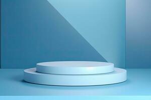 Generative AI, Minimal podiums for product display stand pedestal studio blue pastel color background 3d photo