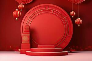 Generative AI, Red podium with lantern chinese new year and gift box product stand podium background pedestal 3d photo