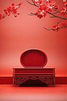 Generative AI, Red podium with lantern chinese new year and gift box product stand podium background pedestal 3d photo