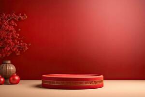 Generative AI, Red podium with lantern chinese new year and gift box product stand podium background pedestal 3d photo