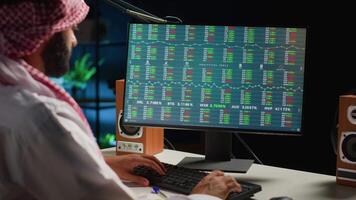 professionale arabo broker investitore controllo azione scambio valutazione, assunzione Nota di investimento finanziario profitto. mezzo orientale azionista guardare a mercato azioni grafici su computer schermo video