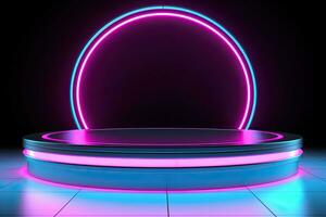 Generative AI, Metal lighting neon podium cyberpunk unreal city pink blue neon lasers stage product display background, 3d illustration empty display showroom photo