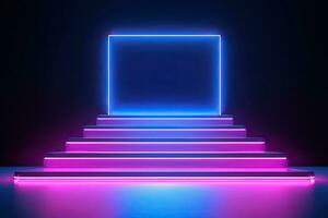 Generative AI, Metal lighting neon podium cyberpunk unreal city pink blue neon lasers stage product display background, 3d illustration empty display showroom photo