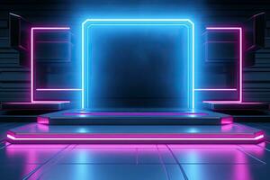 Generative AI, Metal lighting neon podium cyberpunk unreal city pink blue neon lasers stage product display background, 3d illustration empty display showroom photo