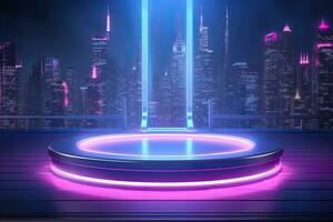 generativo ai, metal Encendiendo neón podio cyberpunk irreal ciudad rosado azul neón láseres etapa producto monitor fondo, 3d ilustración vacío monitor sala de exposición foto