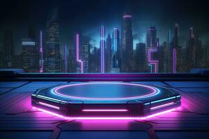 Generative AI, Metal lighting neon podium cyberpunk unreal city pink blue neon lasers stage product display background, 3d illustration empty display showroom photo