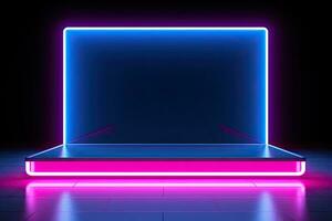 Generative AI, Metal lighting neon podium cyberpunk unreal city pink blue neon lasers stage product display background, 3d illustration empty display showroom photo