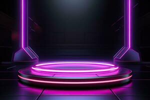 Generative AI, Metal lighting neon podium cyberpunk unreal city pink blue neon lasers stage product display background, 3d illustration empty display showroom photo
