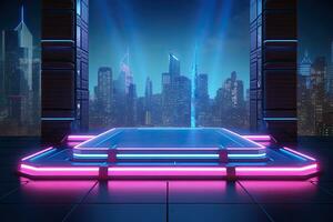 Generative AI, Metal lighting neon podium cyberpunk unreal city pink blue neon lasers stage product display background, 3d illustration empty display showroom photo