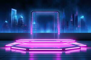 Generative AI, Metal lighting neon podium cyberpunk unreal city pink blue neon lasers stage product display background, 3d illustration empty display showroom photo