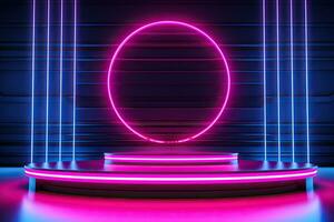 Generative AI, Metal lighting neon podium cyberpunk unreal city pink blue neon lasers stage product display background, 3d illustration empty display showroom photo