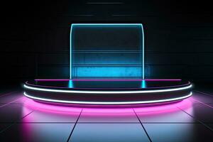 Generative AI, Metal lighting neon podium cyberpunk unreal city pink blue neon lasers stage product display background, 3d illustration empty display showroom photo