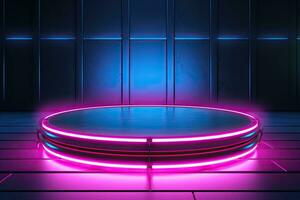 Generative AI, Metal lighting neon podium cyberpunk unreal city pink blue neon lasers stage product display background, 3d illustration empty display showroom photo