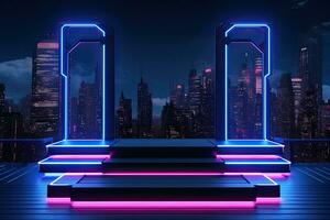 Generative AI, Metal lighting neon podium cyberpunk unreal city pink blue neon lasers stage product display background, 3d illustration empty display showroom photo