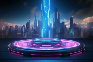 Generative AI, Metal lighting neon podium cyberpunk unreal city pink blue neon lasers stage product display background, 3d illustration empty display showroom photo