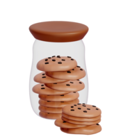 chocolate postre 3d clipart , conjunto de chocolate chip galletas metido en blanco tarro png